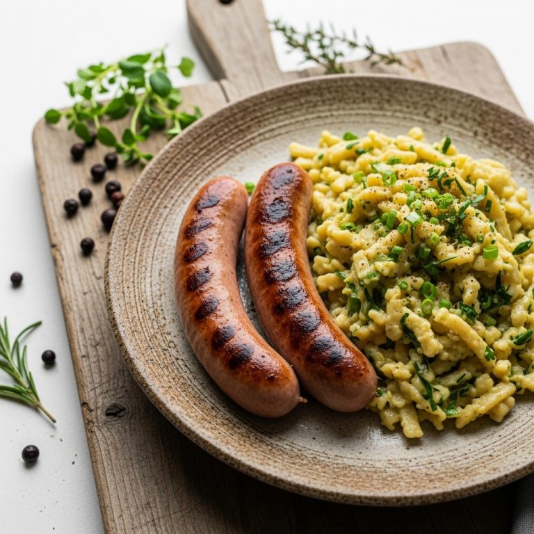 “Mouthwatering German Paleo Feast: Grilled Bratwurst & Creamy Herb Spätzle”